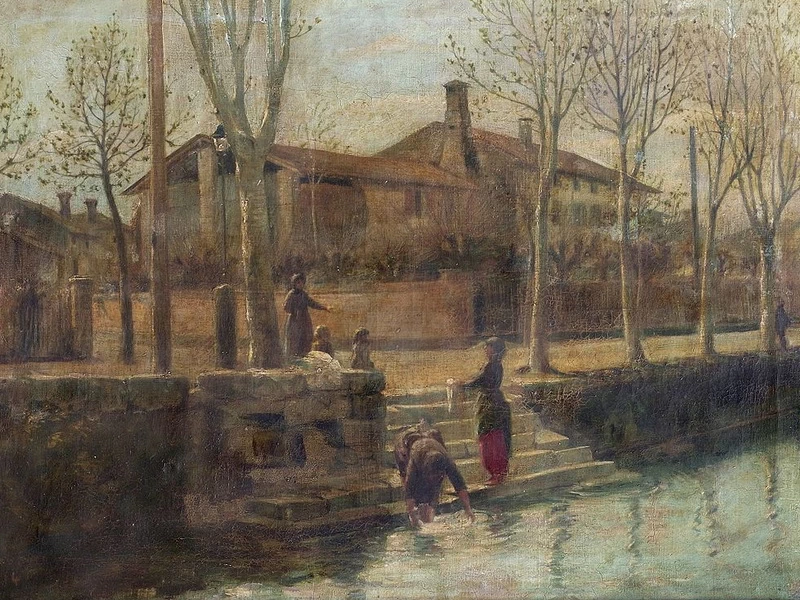 1866-Giulio Justolin - Donne al lavatoio sul fiume Terzo (1920 ca.)